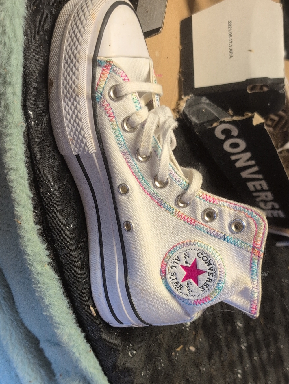 Converse White High Top Sneakers with Rainbow Stitching and Pink Star